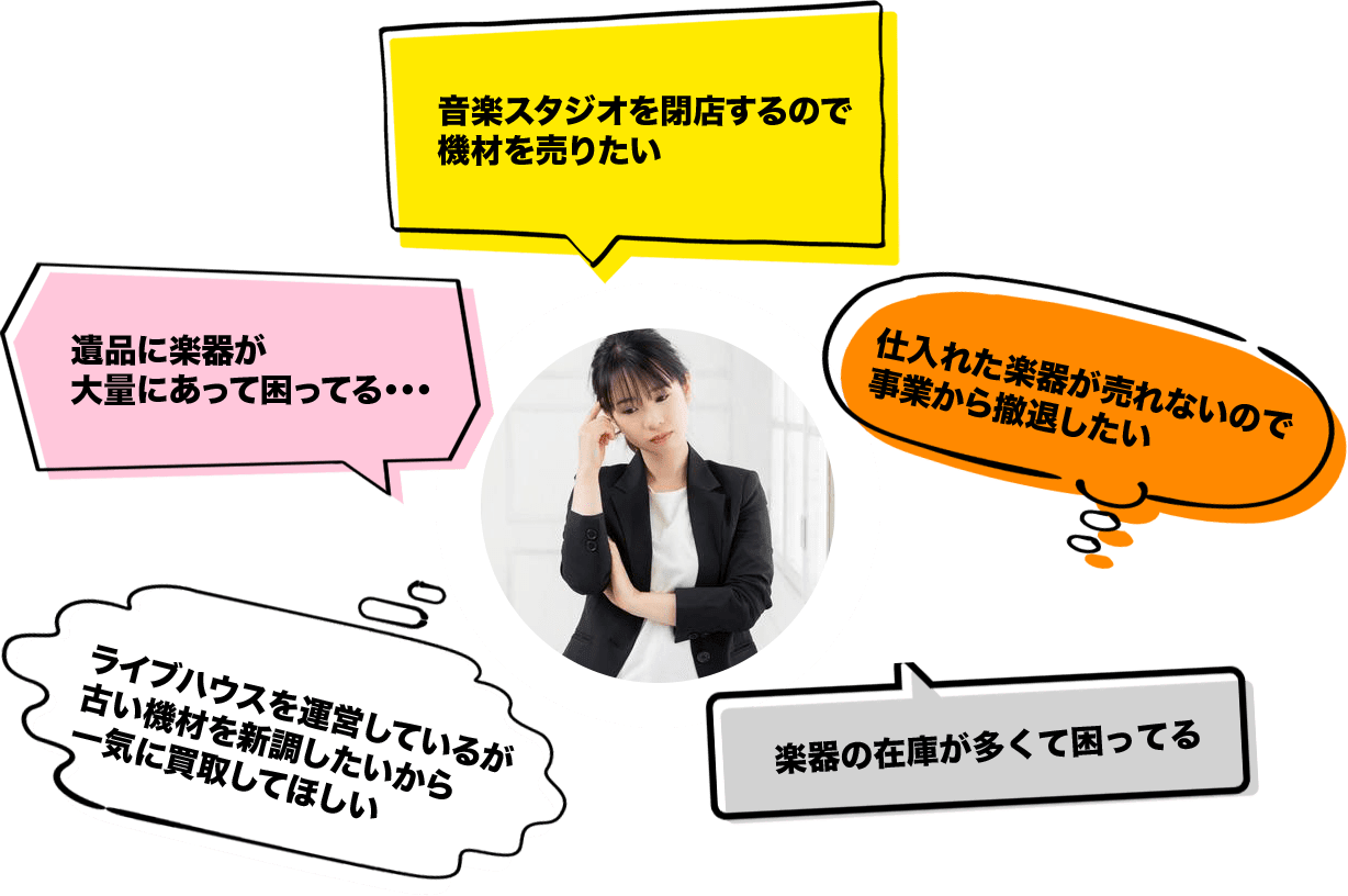 音楽スタジオを閉店するので 機材を売りたい遺品に楽器が 大量にあって困ってる・・・仕入れた楽器が売れないので 事業から撤退したいライブハウスを運営しているが 古い機材を新調したいから 一気に買取してほしい楽器の在庫が多くて困ってる